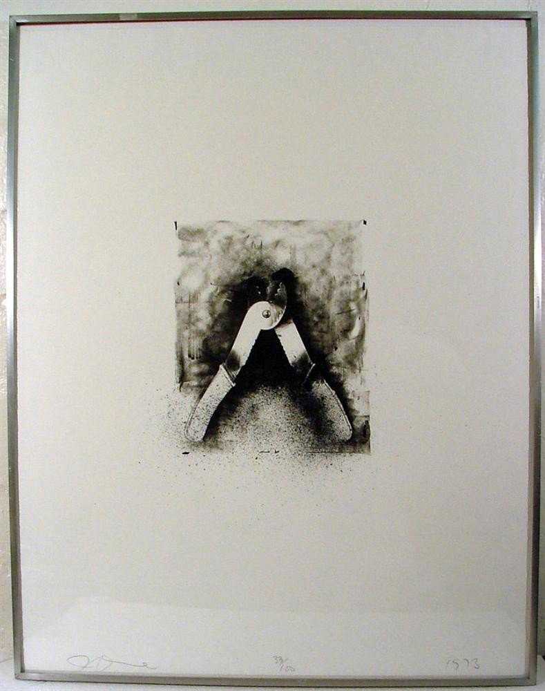 JIM DINE - Original lithograph: Jim Dine (American, b.1935). "Wirecutters [from "Ten Winter Tools"]". Original lithograph. 1973. Signed, dated, numbered in pencil on margin. Edition of 100. Wide margins. Fine, clean impression. Blin