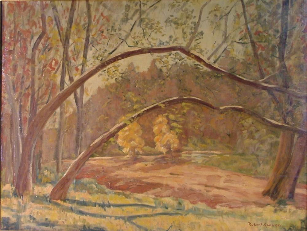 ROBERT SPENCER - Oil on canvas board: Robert Spencer (American, 1879-1931). "Archway, Tohickon Valley". Oil on canvas board. c1918. Signed lower right; inscribed on verso "#115 Spencer…". Generally very good condition; varnish slightly