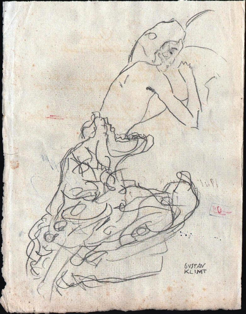 GUSTAV KLIMT - Original pencil drawing: Gustav Klimt (Austrian, 1862 - 1918). "Halbakt Nach Rechts". Original pencil drawing. c1909-1912. Signed in pencil, lower right. Off-white wove paper. Good to very good condition; some colored marks o