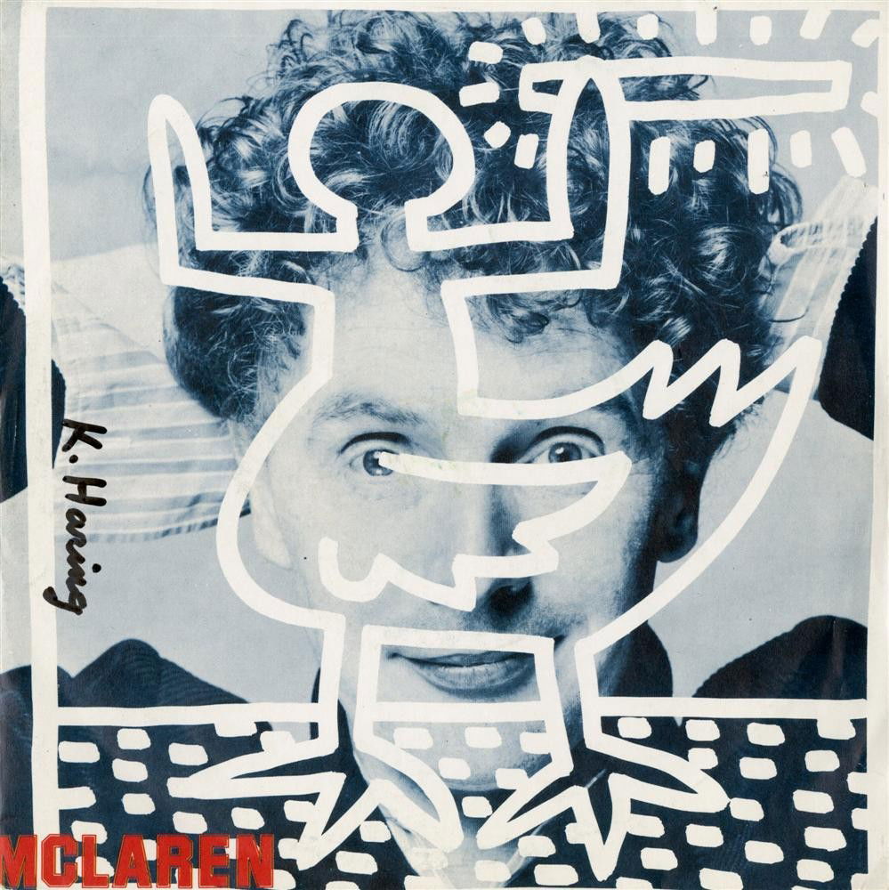KEITH HARING - Original color offset lithograph wi: Keith Haring (American, 1958 - 1990). "Malcolm McLaren: Duck for the Oyster". Original color offset lithograph with vinyl record. 1983. Signed in black marker, middle left. Edition unknown, presumed s