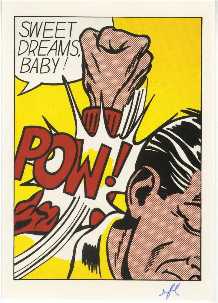 ROY LICHTENSTEIN - Color offset lithograph: Roy Lichtenstein (American, 1923-1997). "Sweet Dreams, Baby! (Pow!) [postcard edition]". Color offset lithograph. 1965. Printed 1994. Initialed in pen, lower right; signed verso. Edition unknown, pres