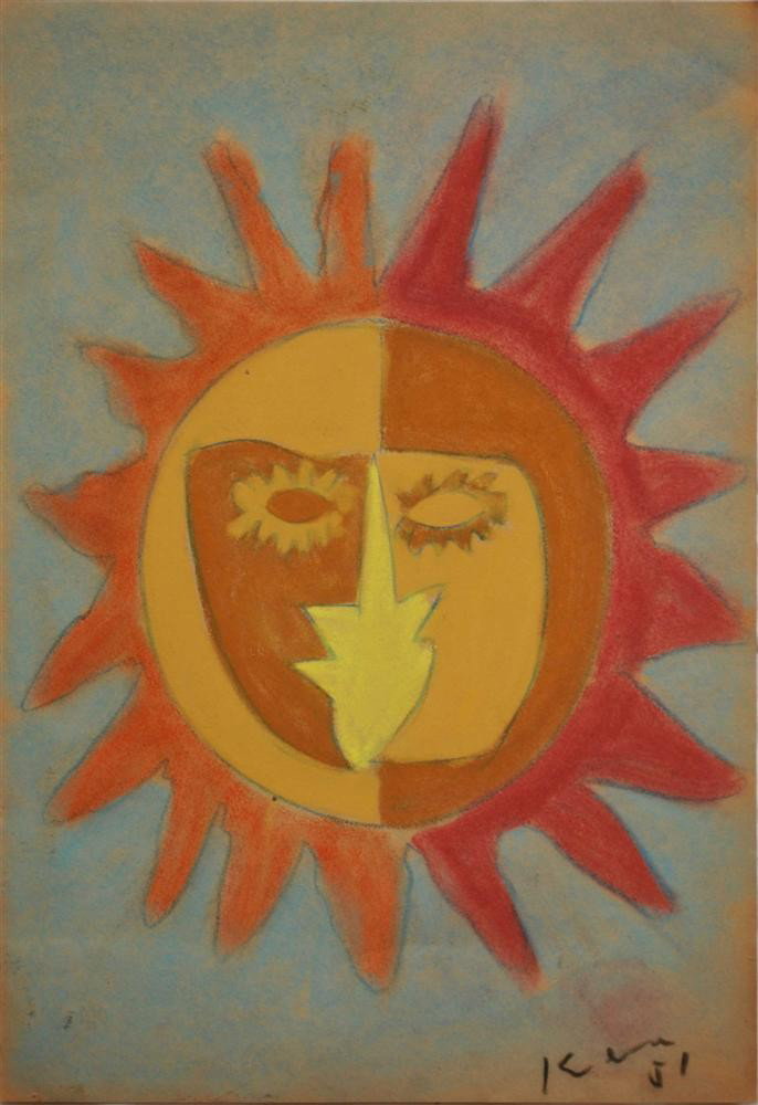 JALED MUYAES - Pastel drawing: Jaled Muyaes (Chilean/Mexican, 1921 - 2007). "Cuando Caliente el Sol". Pastel drawing. 1951. Signed "Kena" and dated, lower right. Muyaes always signed his work "Kena," "S. Kena," "Silvestre Kena," or
