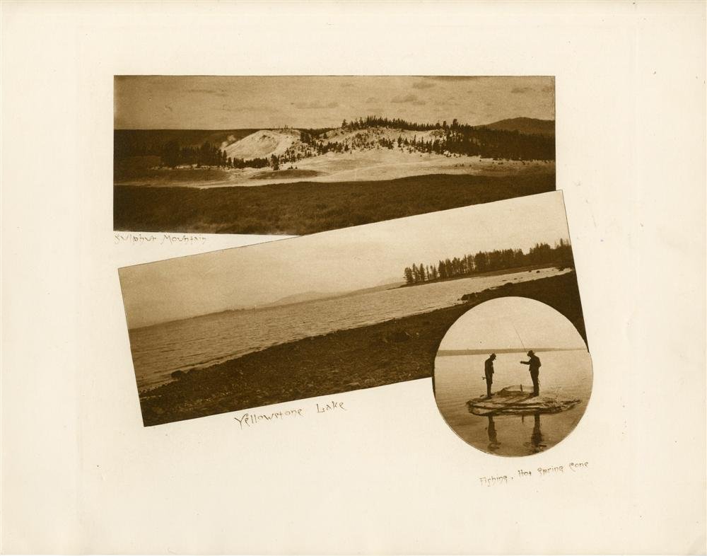 FRANK JAY HAYNES - Original sepia-toned vintage ph: Frank Jay Haynes (American, 1853 - 1921). "Sulphur Mountain; Yellowstone Lake;Fishing, Hot Spring Cone [Yellowstone]". Original sepia-toned vintage photogravure. c1887. Printed 1887. Titled beneath th