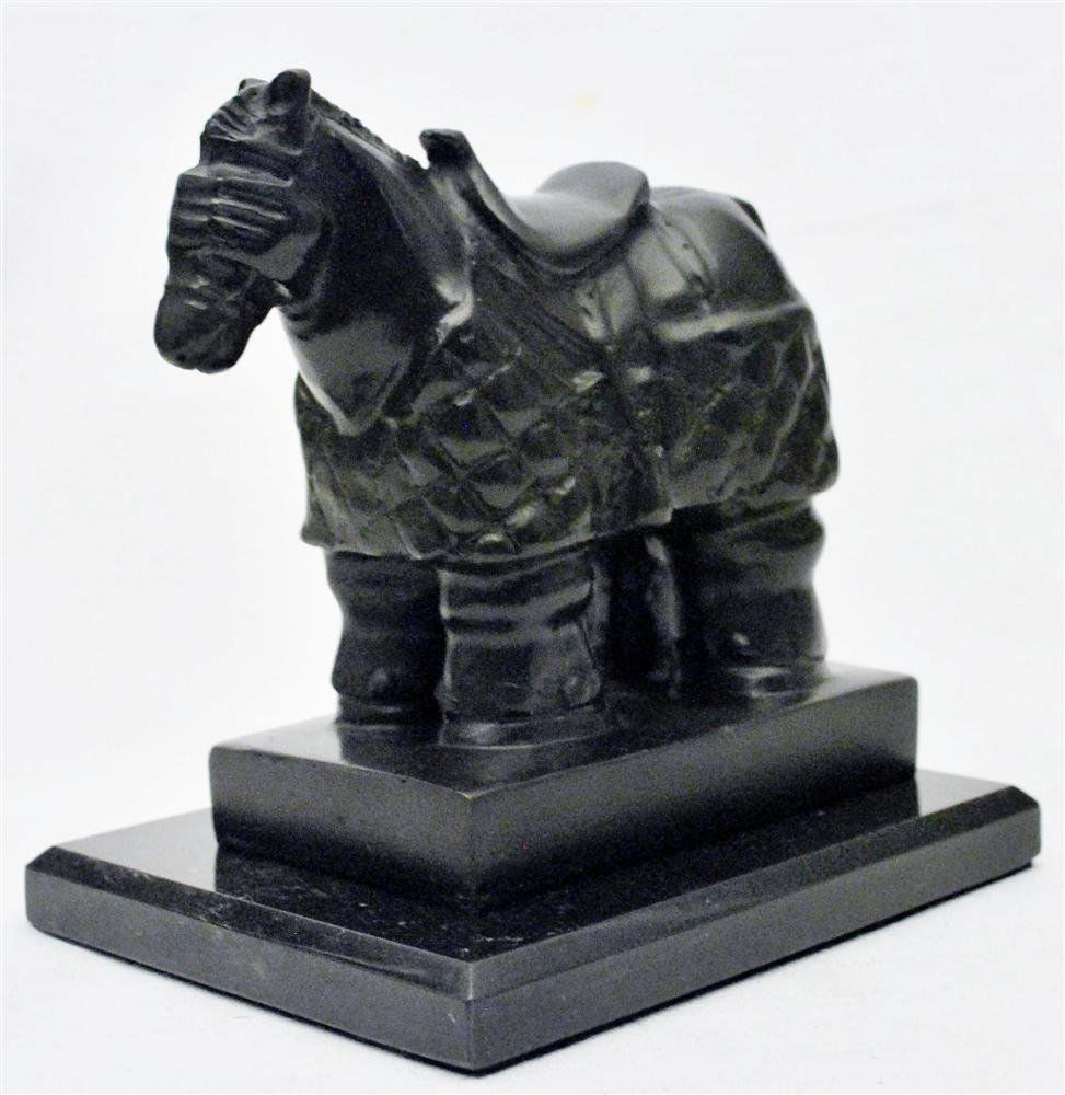 FERNANDO BOTERO [ATTRIB] - Bronze scuplture with da: Fernando Botero [attrib] (Columbian, b.1932). "Caballo con Ojos Vendados I". Bronze scuplture with dark brown patina. 1986. Inscribed "F. Botero" and dated "1986". Small edtion. Fine, quality casting.