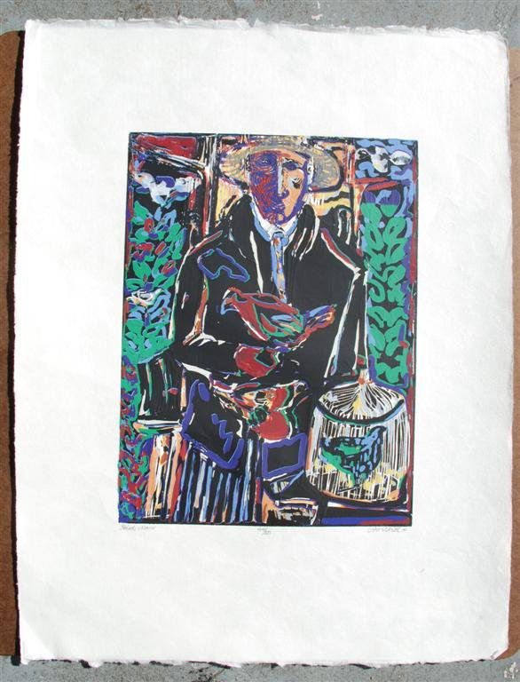 DAVID C. DRISKELL - Color woodcut: David C. Driskell (American, b.1931). "Bird Man". Color woodcut. 2010. Signed, titled, dated, numbered in pencil, lower margin. Edition of 50. Full margins. Fine impression. Condition: slight folding