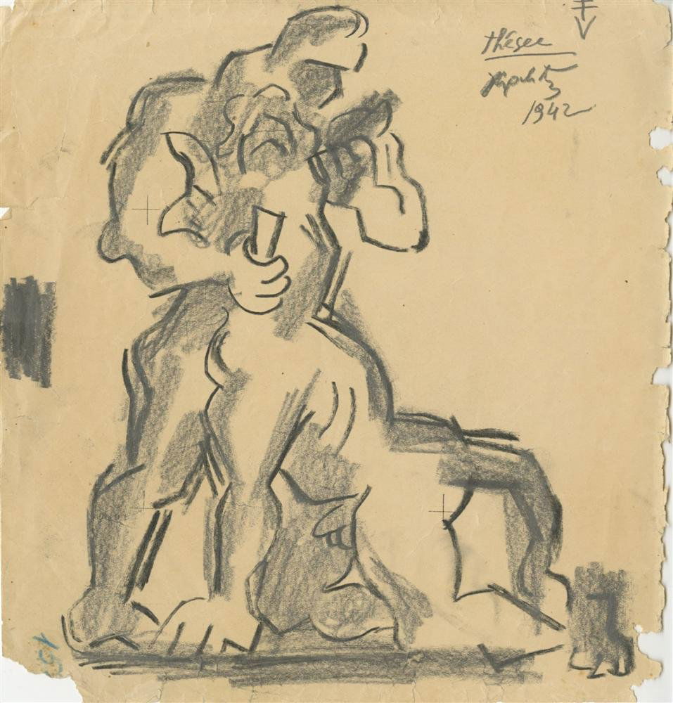 JACQUES LIPCHITZ - Pencil and charcoal drawing: Jacques Lipchitz (Lithuanian/French/American, 1891-1973). "Thesee". Pencil and charcoal drawing. 1942. Signed and dated, upper right. Cream wove paper. Condition: the edge tears and losses do not inva