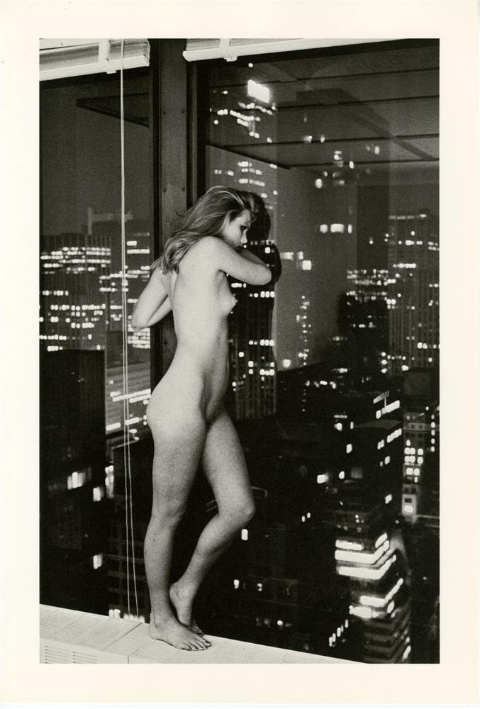 HELMUT NEWTON - Original vintage photolithograph: Helmut Newton (German/Australian, 1920-2004). "Patti Hansen over Manhattan". Original vintage photolithograph. 1977. Printed 1979. Signed with the initials in blue marker, verso; identified as to titl