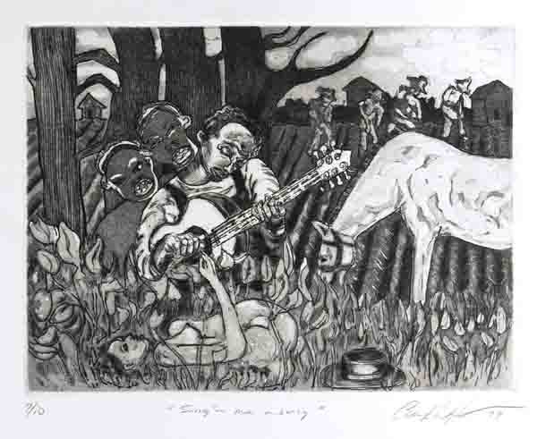 CURLEE RAVEN HOLTON - Etching: Curlee Raven Holton (American, b.1951). "Sing'n Me a Song [Blues Series]". Etching. 1999. Signed, numbered, titled and dated in pencil. Edition of 10. Rives BFK paper. Full margins. Fine impression. F