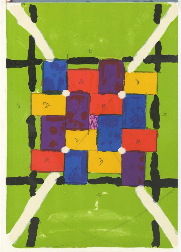 ALFRED JENSEN - Color lithograph: Alfred Jensen (Danish/American, 1903-1981). "Composition (88)". Color lithograph. 1963. Edition of 2,000. White wove paper. The full sheet. Fine impression with fresh colors. Fine condition. For Walas