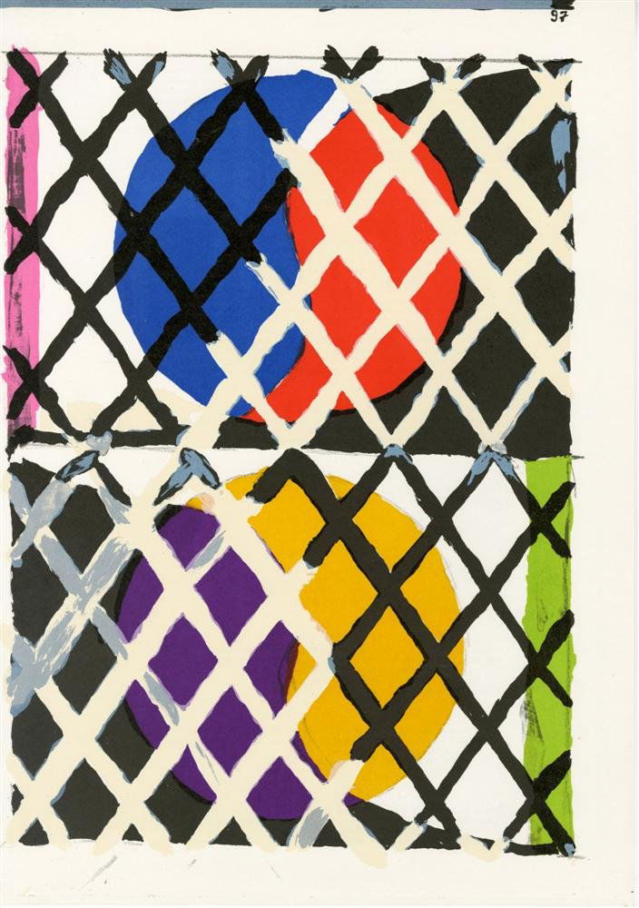 ALFRED JENSEN - Color lithograph: Alfred Jensen (Danish/American, 1903-1981). "Composition (97)". Color lithograph. 1963. Edition of 2,000. White wove paper. The full sheet. Fine impression with fresh colors. Fine condition. For Walas