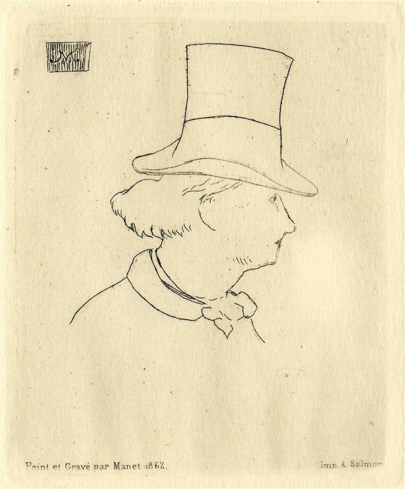 EDOUARD MANET - Etching: Edouard Manet (French, 1832 - 1883). "Baudelaire de Profil en Chapeau". Etching. 1862. Printed later. Initialed in the plate, upper left. Inscribed with the Artist's and printer's names, lower margin.