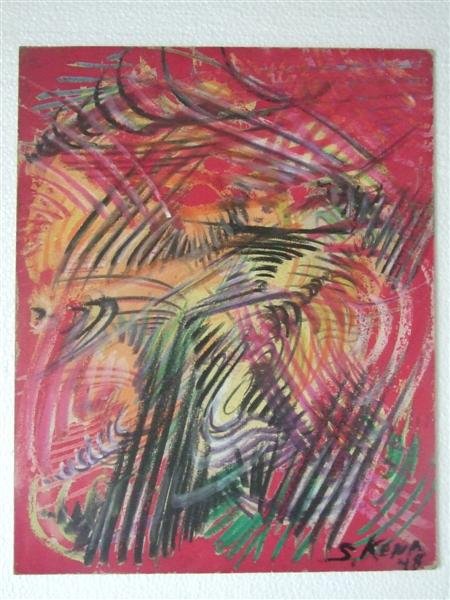 JALED MUYAES - Gouache on cardboard: Jaled Muyaes (Chilean/Mexican, 1921 - 2007). "Composicion en Rojo". Gouache on cardboard. 1948. Signed "S. Kena." Muyaes always signed his work "Kena," “S. Kena," "Silvestre Kena," or "Silvestre;" o