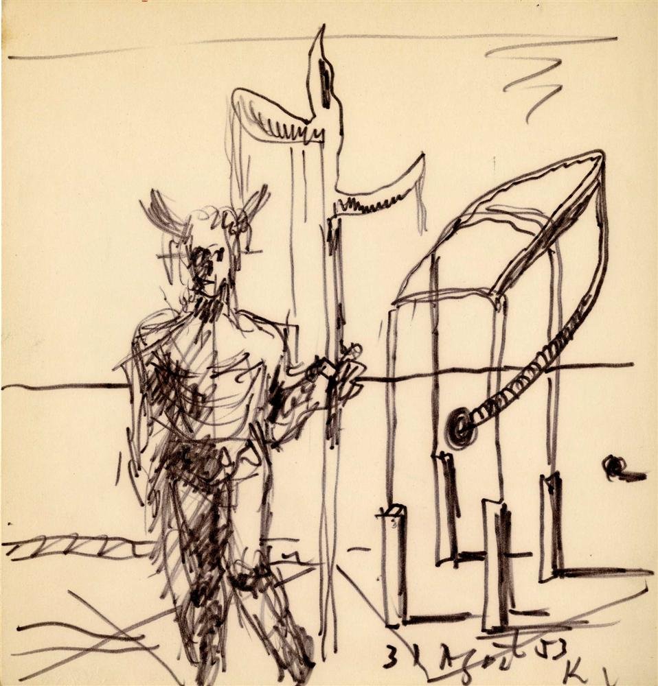 JALED MUYAES - Pen and ink drawing: Jaled Muyaes (Chilean/Mexican, 1921 - 2007). "Lost Devil". Pen and ink drawing. 1953. Signed and dated, lower right. Muyaes always signed his work "Kena," "S. Kena," "Silvestre Kena," or "Silvestre;" 