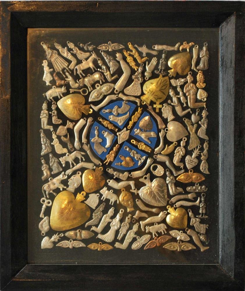 JALED MUYAES - Hand-assembled collage composed of: Jaled Muyaes (Chilean/Mexican, 1921 - 2007). "Milagro/Ex-Voto Composicion I". Hand-assembled collage composed of individual antique "milagros.". 2002. Signed by the Artist on the frame, verso. Unique 