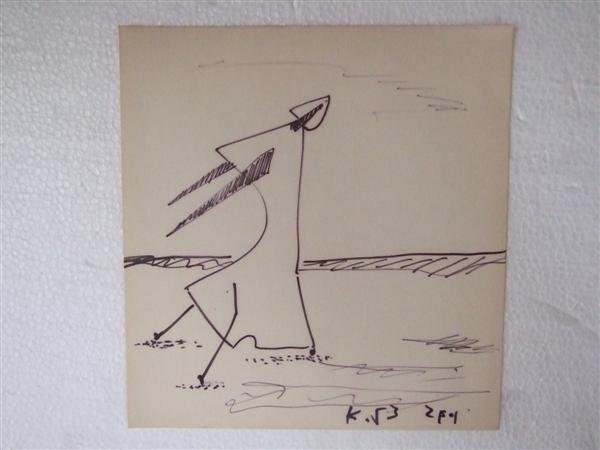 JALED MUYAES - Pen and ink on paper: Jaled Muyaes (Chilean/Mexican, 1921 - 2007). "Paisaje Distante I". Pen and ink on paper. 1953. Signed "K." Muyaes always signed his work "Kena," “S. Kena," "Silvestre Kena," or "Silvestre;" or, if i
