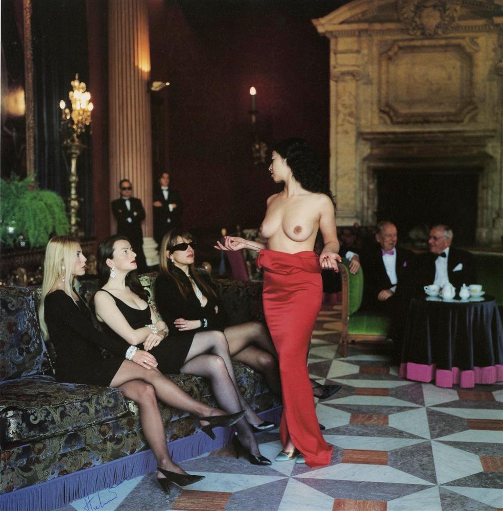 HELMUT NEWTON - Color photolithograph: Helmut Newton (German/Australian, 1920-2004). "Eri Ishida with Company [Nice]". Color photolithograph. 1992. Printed 1997. Signed "Helmut" in pen, lower left. Fine, quality printing. Very good conditi