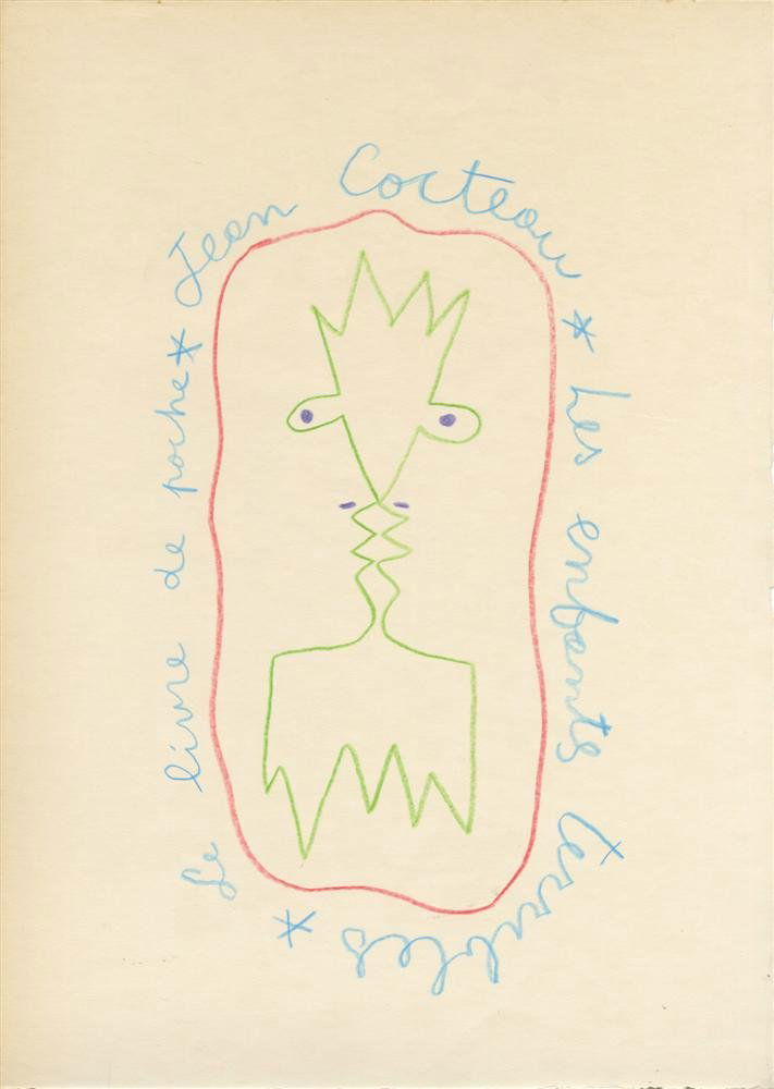 JEAN COCTEAU - Original color wax pencil drawing: Jean Cocteau (French, 1889-1963). "Les enfants terrible". Original color wax pencil drawing. c1950s. Signed at the top of image. Cream wove paper. Very good condition. Provenance: By repute, through t