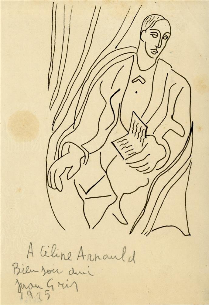 JUAN GRIS - Pencil drawing: Juan Gris (Spanish, 1887 - 1927). "Homme". Pencil drawing. 1925. Signed, dedicated, and dated in pencil, lower left. Light cream wove watermarked paper. Good condition; marginal staining, not into ima