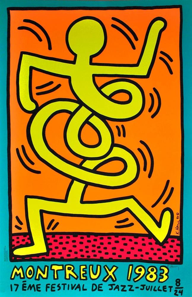 KEITH HARING - Original color silkscreen poster: Keith Haring (American, 1958 - 1990). "Montreux [Jazz Festival] 1983 - Orange Background/Green Border". Original color silkscreen poster. 1983. Signed in pencil, lower right; signed and dated in the p