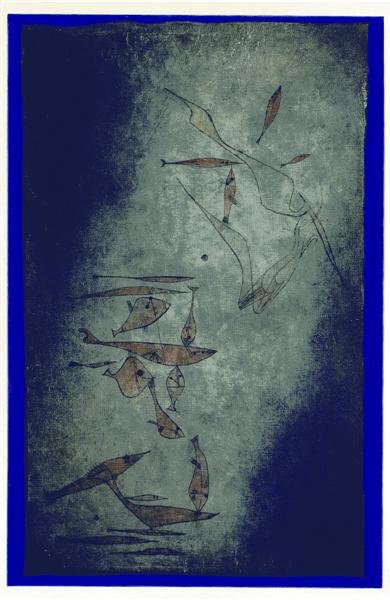 PAUL KLEE [AFTER] - Original color collotype: Paul Klee [after] (Swiss, 1879 - 1940). "Fish ["Poissons"]". Original color collotype. 1925. Printed 1946. Felix Paul Klee stamp, verso. Small edition. Thin cream wove paper. Printed to the edge of th