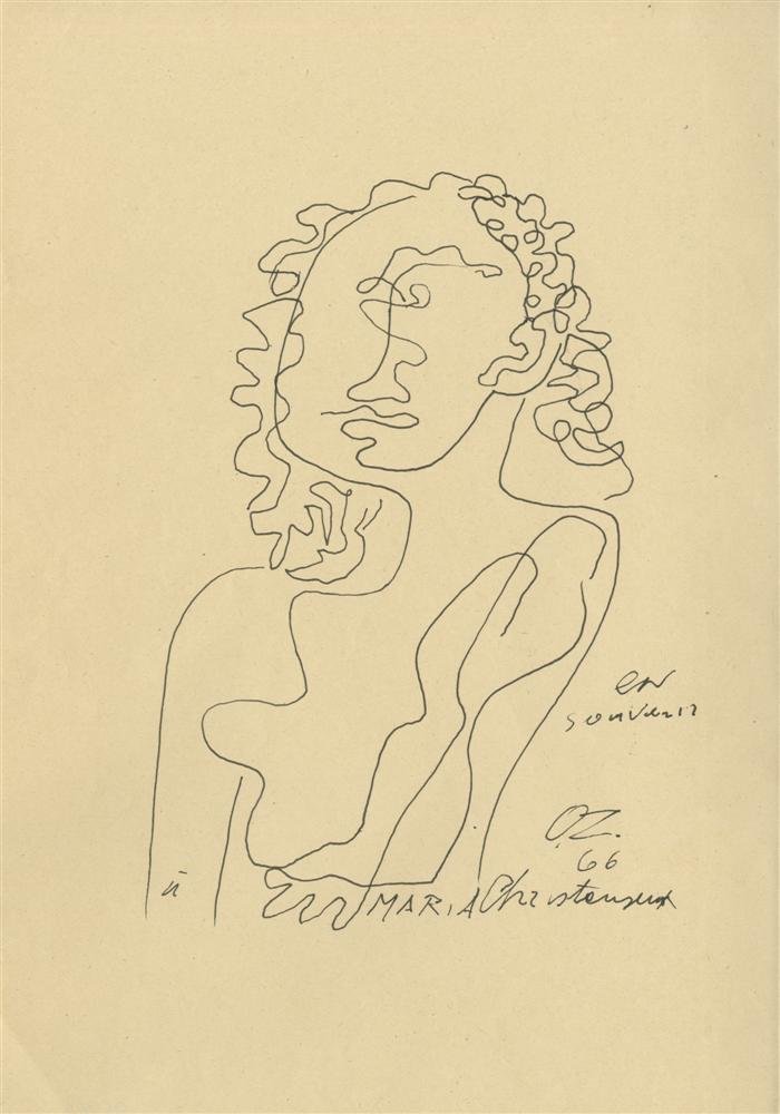 OSSIP ZADKINE - Pen and ink drawing: Ossip Zadkine (French, 1890 - 1967). "Portrait de Maria". Pen and ink drawing. 1966. Signed and dated, lower right; dedicated. Cream wove paper. Very good condition. Overall size: 12 1/2 x 8 9/16 in. 
