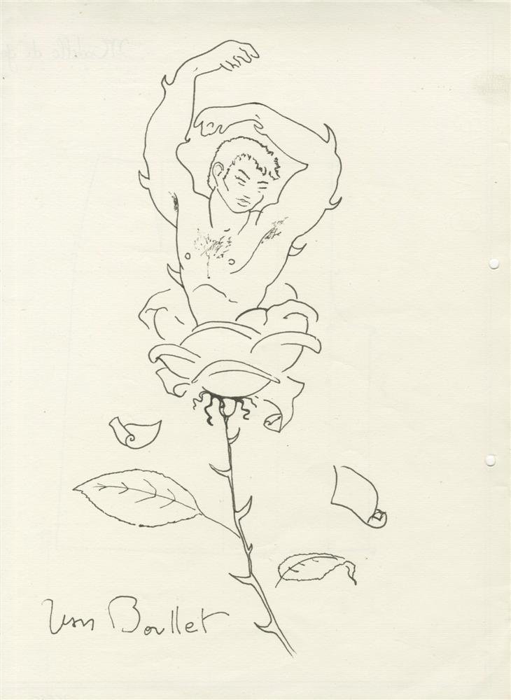 JEAN BOULLET - Pen and ink drawing: Jean Boullet (French, 1921-1970). "La rose". Pen and ink drawing. c1960. Signed lower left. Light cream wove watermarked C.M. Fabriano paper. Very good condition. Overall size: 13 x 9 3/8 in. (330 x 2
