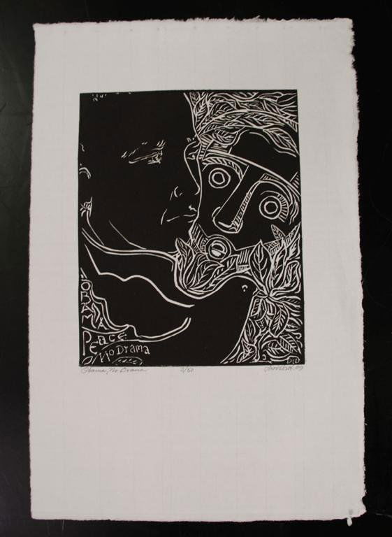 DAVID C. DRISKELL - Linocut: David C. Driskell (American, b.1931). "Obama, No Drama". Linocut. 2009. Signed, titled, dated, numbered in pencil, lower margin. Edition of 50. Full margins. Fine impression. Condition: slight folding