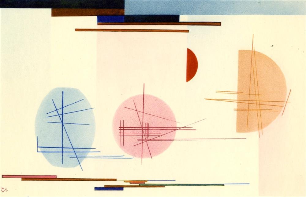 WASSILY KANDINSKY - Original color collotype: Wassily Kandinsky (Russian, 1866 - 1944). "Layers". Original color collotype. 1931. Printed 1949. Signed with the monogram and dated in the image, lower left. Small edition. Thin cream wove paper. Pri