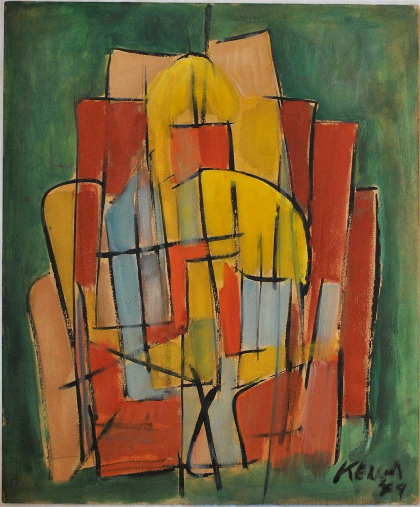 JALED MUYAES - Gouache on stiff artist paperboard: Jaled Muyaes (Chilean/Mexican, 1921-2007). "Abstract Composition 49-1". Gouache on stiff artist paperboard. 1949. Signed and dated lower right. Muyaes always signed his work "Kena," "S. Kena," "Silves