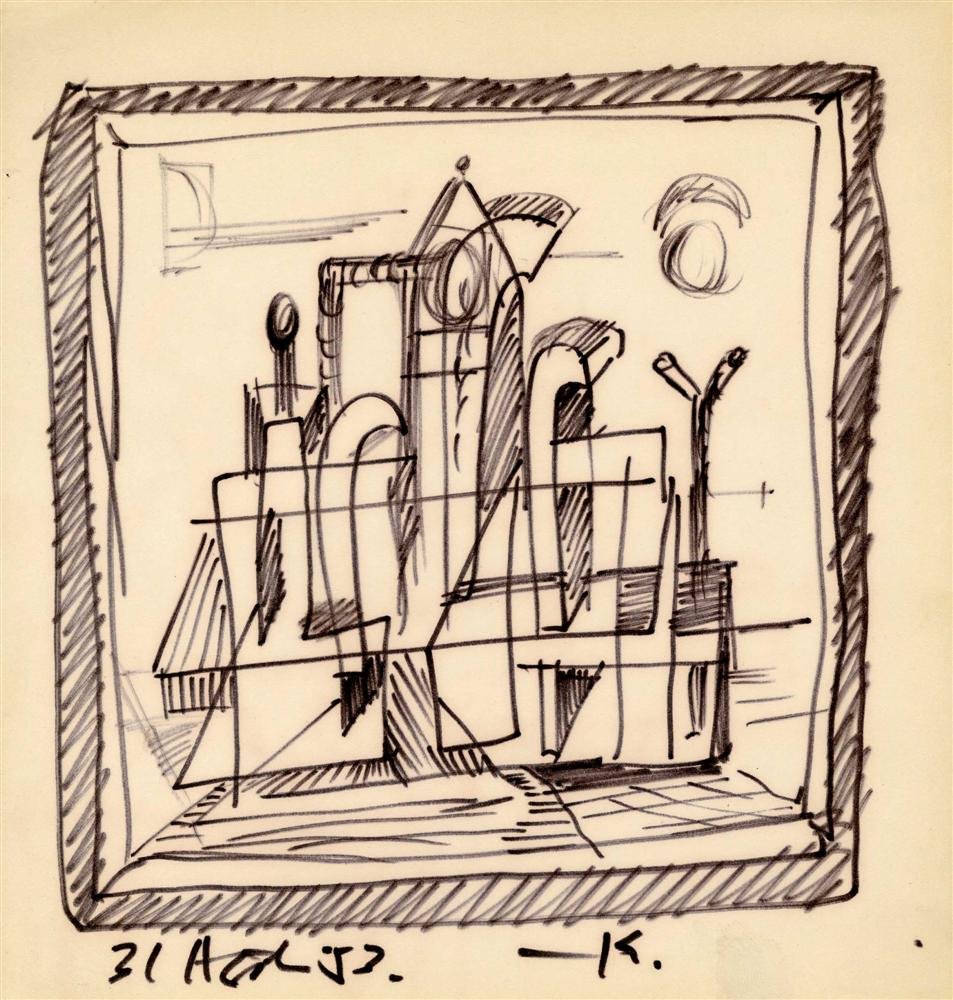 JALED MUYAES - Pen and ink drawing: Jaled Muyaes (Chilean/Mexican, 1921-2007). "Ciudad". Pen and ink drawing. 1953. Signed and dated beneath the image. Muyaes always signed his work "Kena," "S. Kena," "Silvestre Kena," or "Silvestre;" o