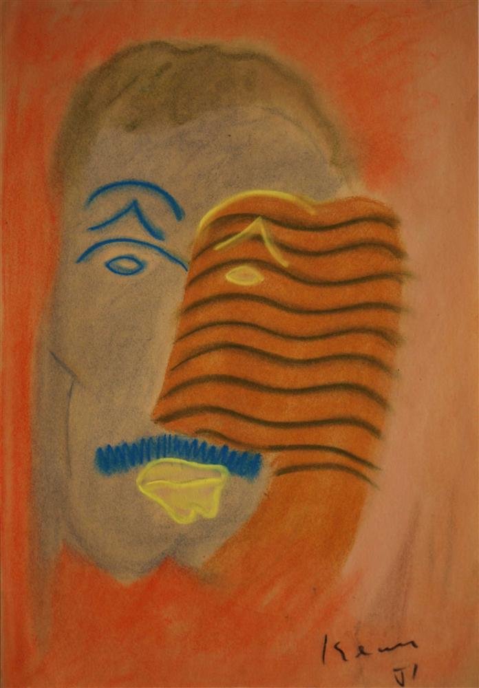 JALED MUYAES - Pastel drawing: Jaled Muyaes (Chilean/Mexican, 1921 - 2007). "Labios Amarillos". Pastel drawing. 1951. Signed "Kena" and dated, lower right. Muyaes always signed his work "Kena," "S. Kena," "Silvestre Kena," or "Silv