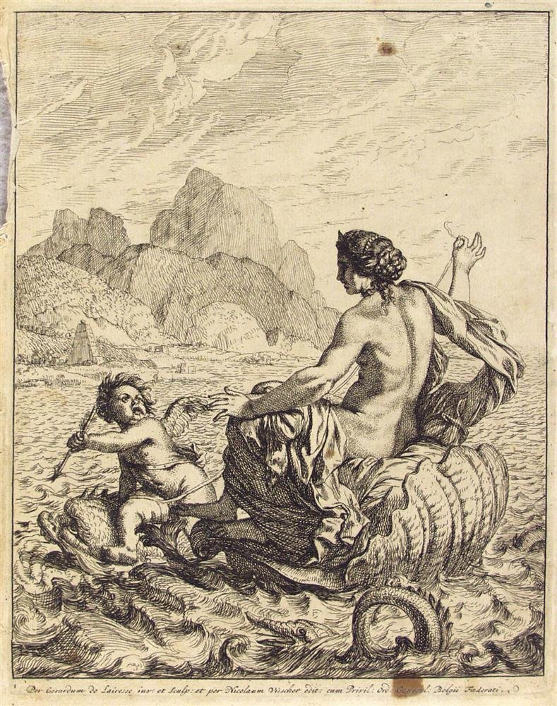 NICOLAS VISSCHER - Engraving: Nicolas Visscher (Dutch, 1587-1652). "Birth of Venus". Engraving. c1630. Signed in the plate. Fine impression. Overall size: 10 x 7 5/16 in. (254 x 186 mm). Image size: 8 5/16 x 6 1/2 in. (211 x 165 m