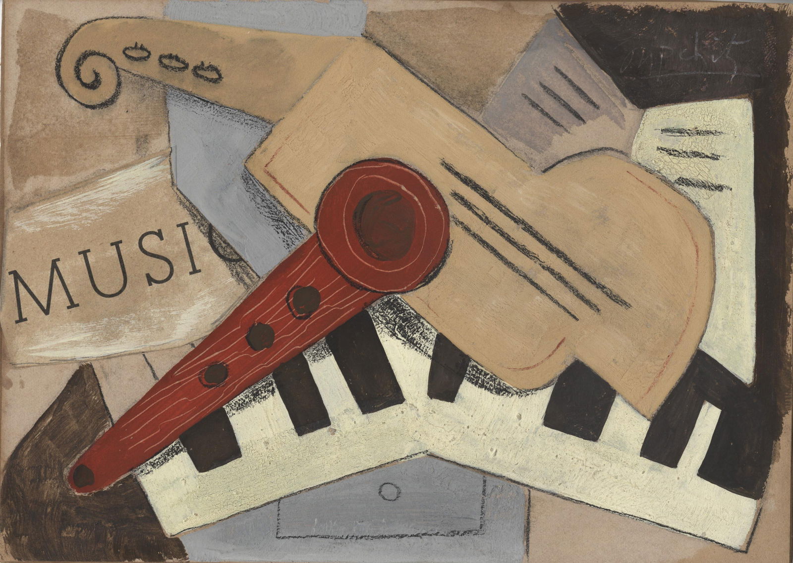 JACQUES LIPCHITZ - Composition avec des instruments - Papier colle (collage), oil, gouache, and: Artist: Jacques Lipchitz (Lithuanian/French/American, 1891-1973). Title: "Composition avec des instruments". Medium: Papier colle (collage), oil, gouache, and charcoal painting on board. Date: Compose
