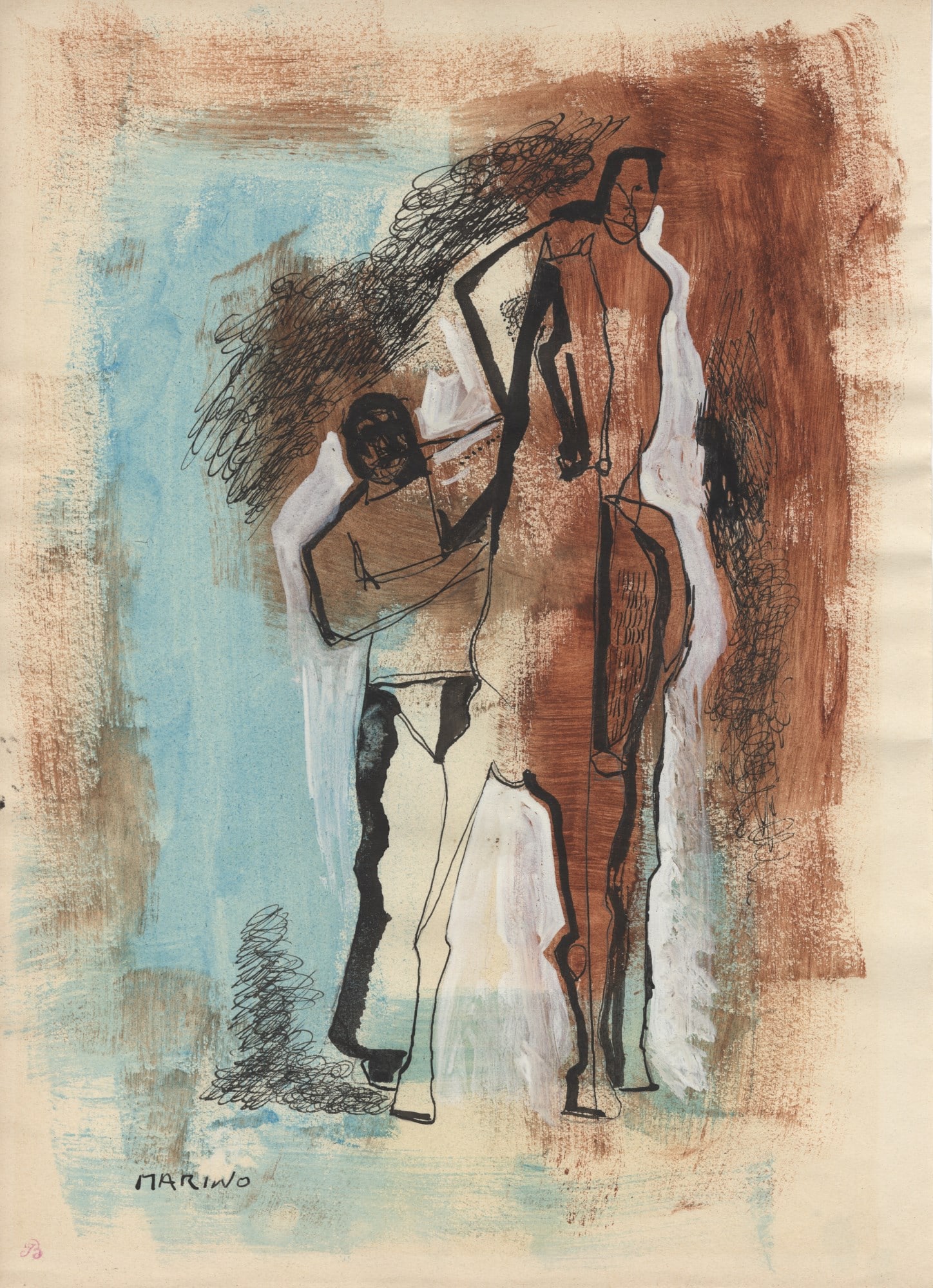 MARINO MARINI - Giocolieri e Cavallo - Gouache, watercolor, and ink drawing on paper (1 of 2)