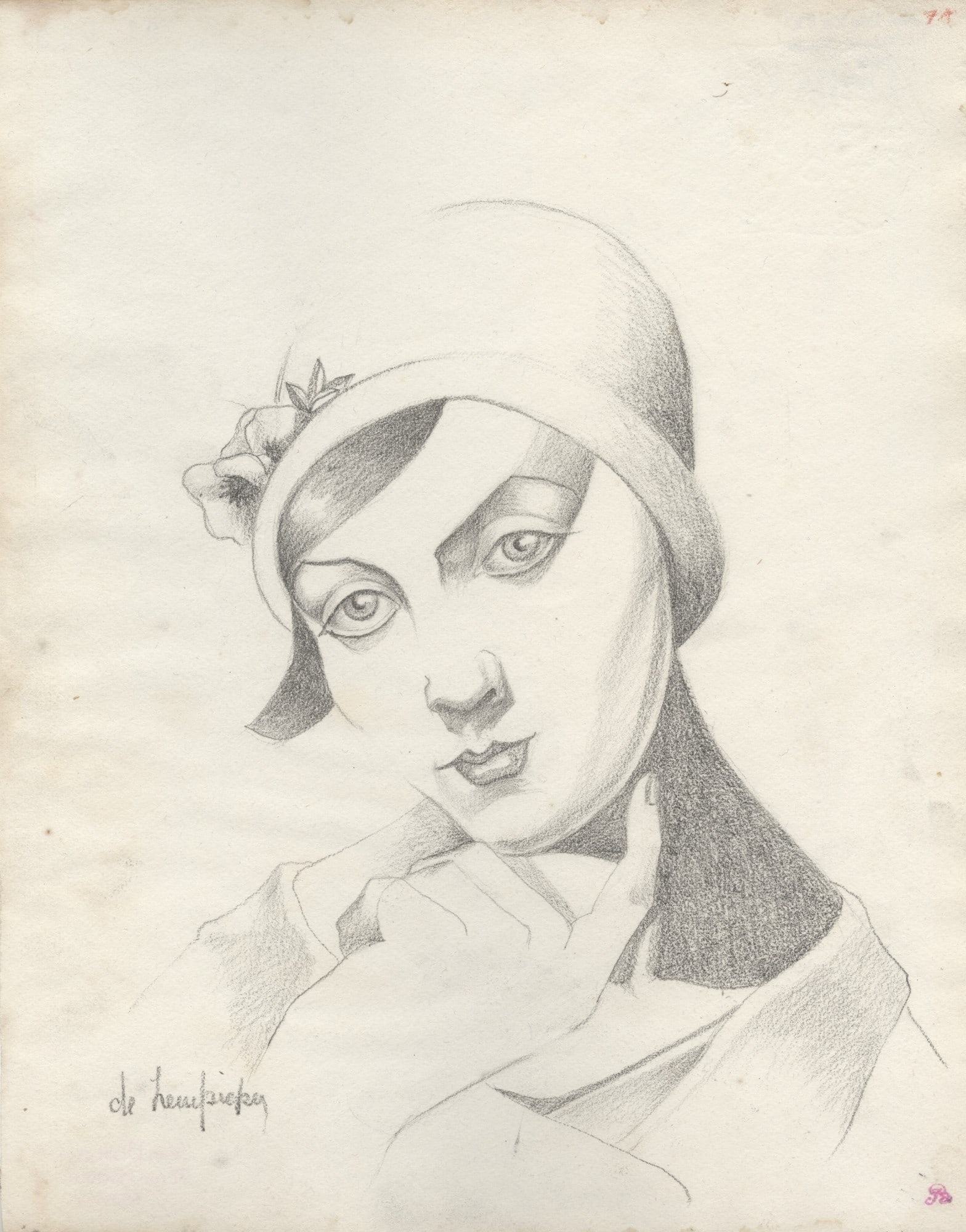 TAMARA DE LEMPICKA - Portrait de Rose Clerc au chapeau cloche - Pencil drawing on paper: Artist: Tamara de Lempicka (Polish, 1898-1980). Title: "Portrait de Rose Clerc au chapeau cloche". Medium: Pencil drawing on paper. Date: Composed 1926-1928. Dimensions: Overall size: 12 x 9