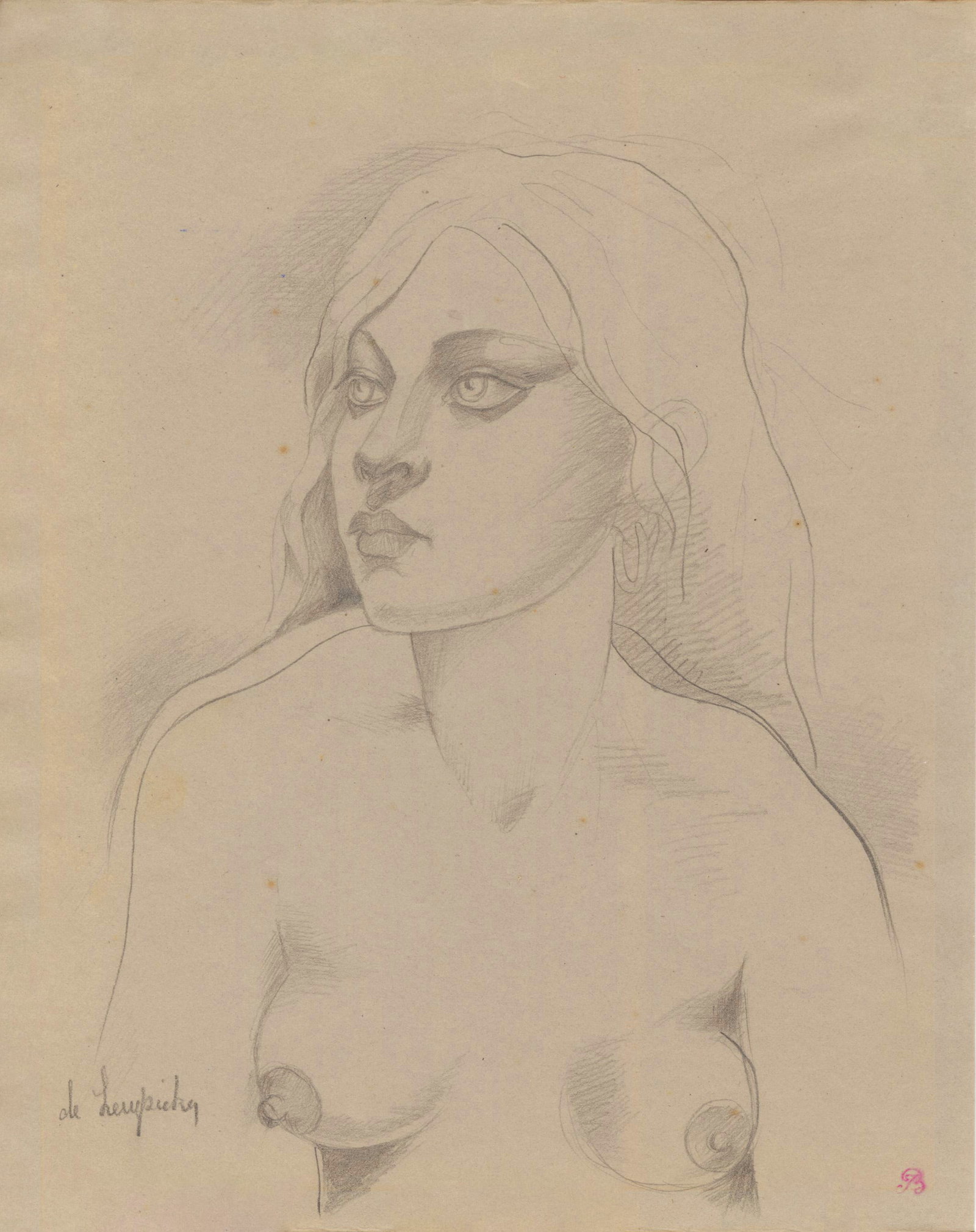 TAMARA DE LEMPICKA - Portrait d'une jeune femme nue - Pencil drawing on paper (1 of 2)
