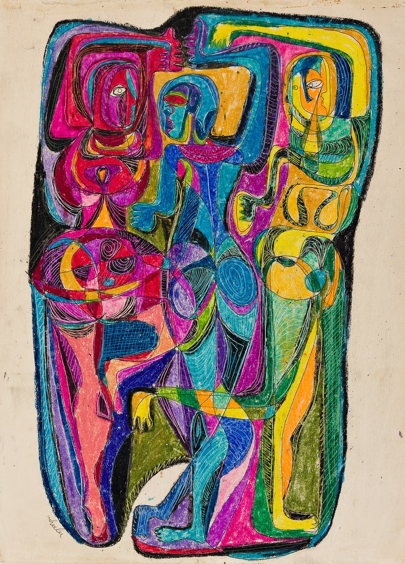 STEVE WHEELER - Rabo Is the Best - Mixed media (tempera, color crayons, pen and ink) on paper: Artist: Steve Wheeler (American, 1912 - 1992). Title: "Rabo Is the Best [three elongated figures]". Medium: Mixed media (tempera, color crayons, pen and ink) on paper. Date: Composed c1950. Dimen