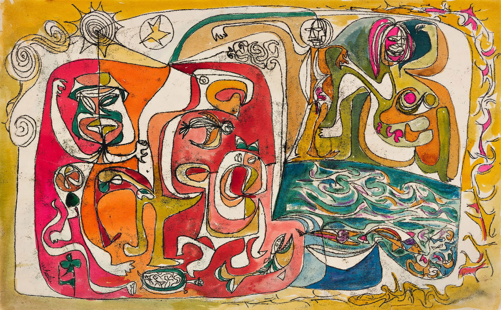 STEVE WHEELER - Shooting the Rapids - Mixed media (tempera, watercolor, pen and ink) on paper: Artist: Steve Wheeler (American, 1912 - 1992). Title: "Shooting the Rapids". Medium: Mixed media (tempera, watercolor, pen and ink) on paper. Date: Composed c1950. Dimensions: Overall size: 1