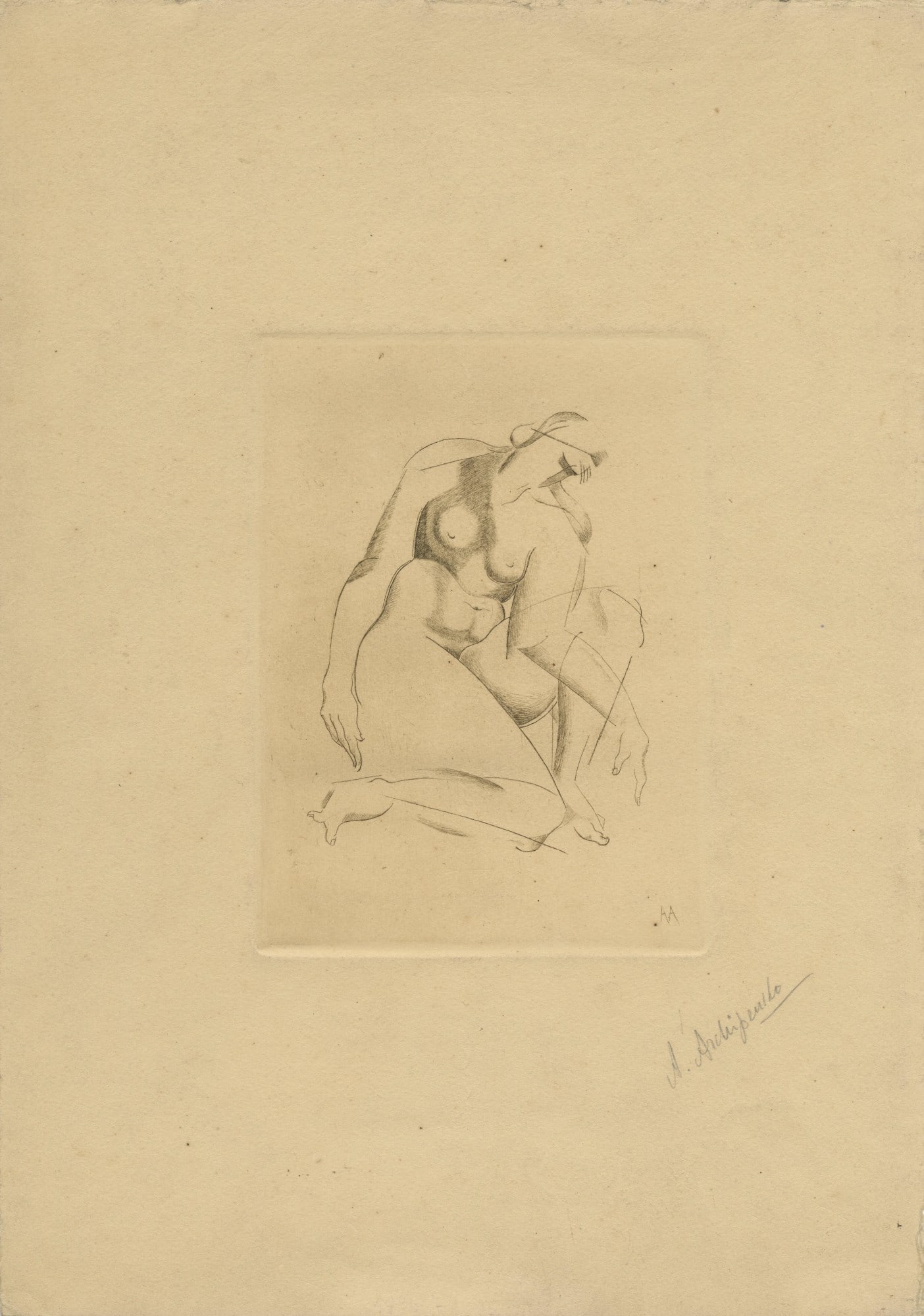 ALEXANDER ARCHIPENKO - Kneeling - Original drypoint: Artist: Alexander Archipenko (Ukranian-Russian-American, 1887 - 1964). Title: "Kneeling [unrecorded signed lifetime impression]". Medium: Original drypoint. Date: Composed 1920. Dimensions: O