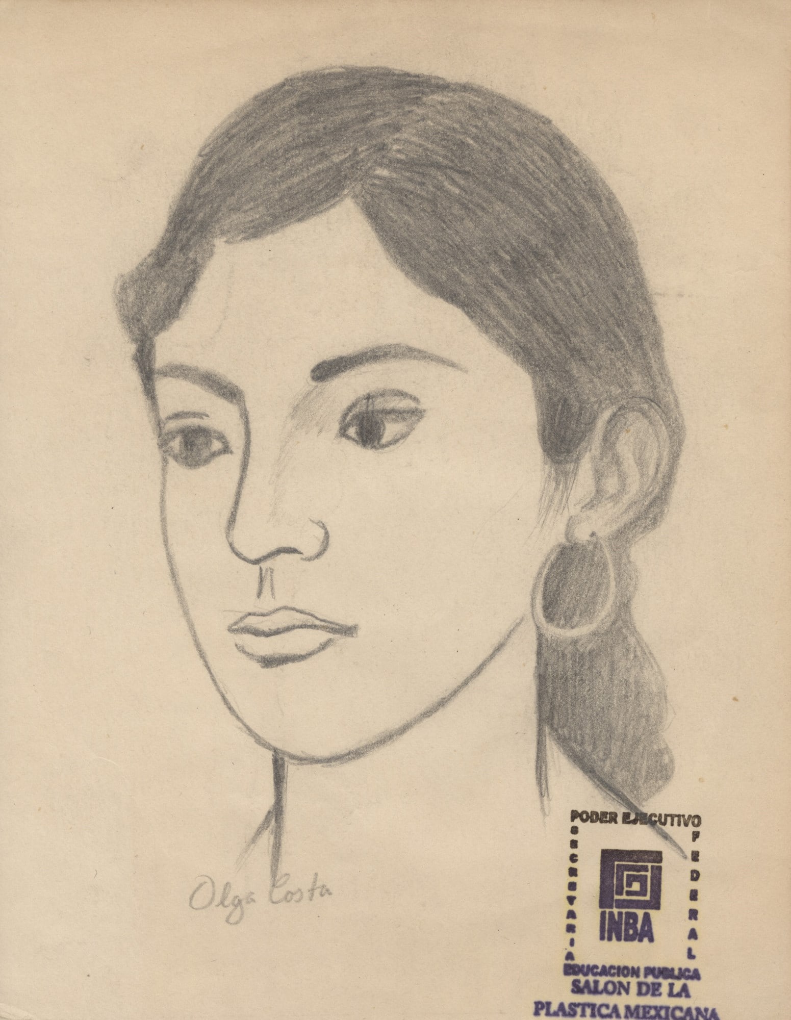 OLGA COSTA - Retrato de una mujer joven - Pencil drawing on paper: Artist: Olga Costa (Ukranian/German/Mexican, 1913-1993). Title: "Retrato de una mujer joven". Medium: Pencil drawing on paper. Date: Composed c1980. Dimensions: Overall size: 8 9/16 x 6 5/8 i