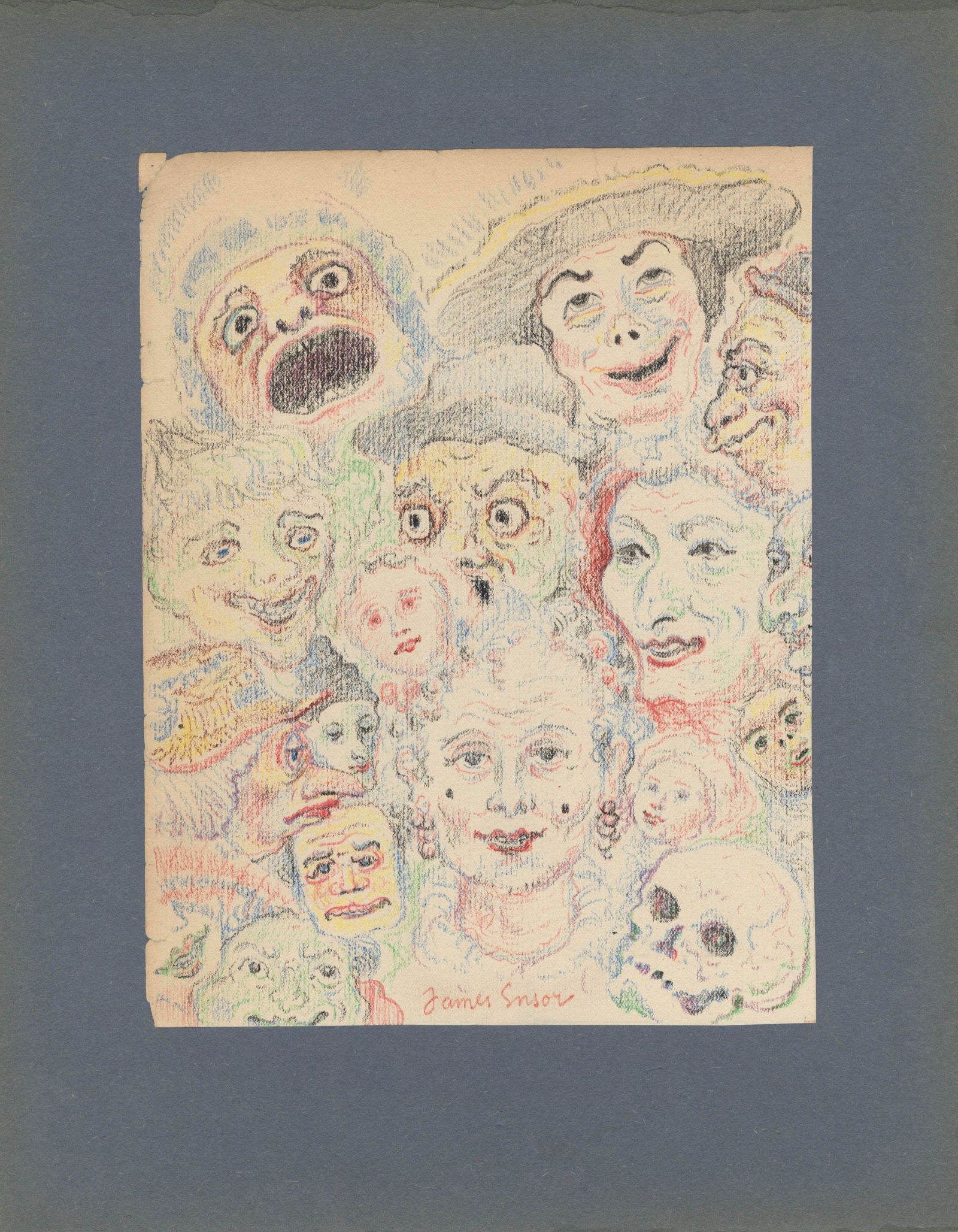 JAMES ENSOR - Têtes Grotesques - Watercolor, wax crayon, and pencil drawing on paper (1 of 2)