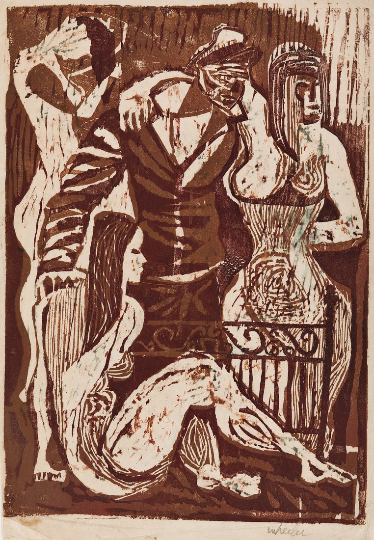 STEVE WHEELER - The Sailor and His Women - Three color wookcut: Artist: Steve Wheeler (American, 1912 - 1992). Title: "The Sailor and His Women". Medium: Three color wookcut. Date: Composed c1950. Dimensions: Overall size: 15 1/16 x 10 5/8 in. (383 x 270