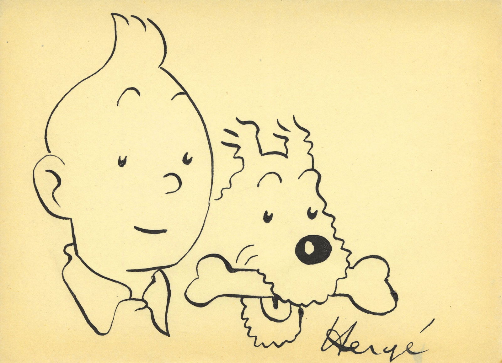 Herge [imputée] Tintin & Snowy Ink Drawing On Paper Auction
