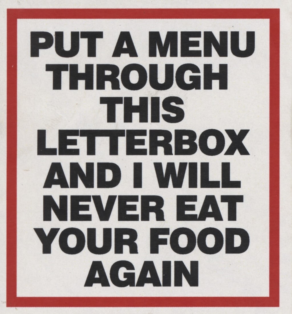 BANKSY - Put a Menu… - Color offset lithograph printing: Artist: Banksy (English, b. c1973-75 | Active 1990 - Present). Title: "Put a Menu… [sticker]". Medium: Color offset lithograph printing. Date: Composed c2004. Dimensions: Overall size: