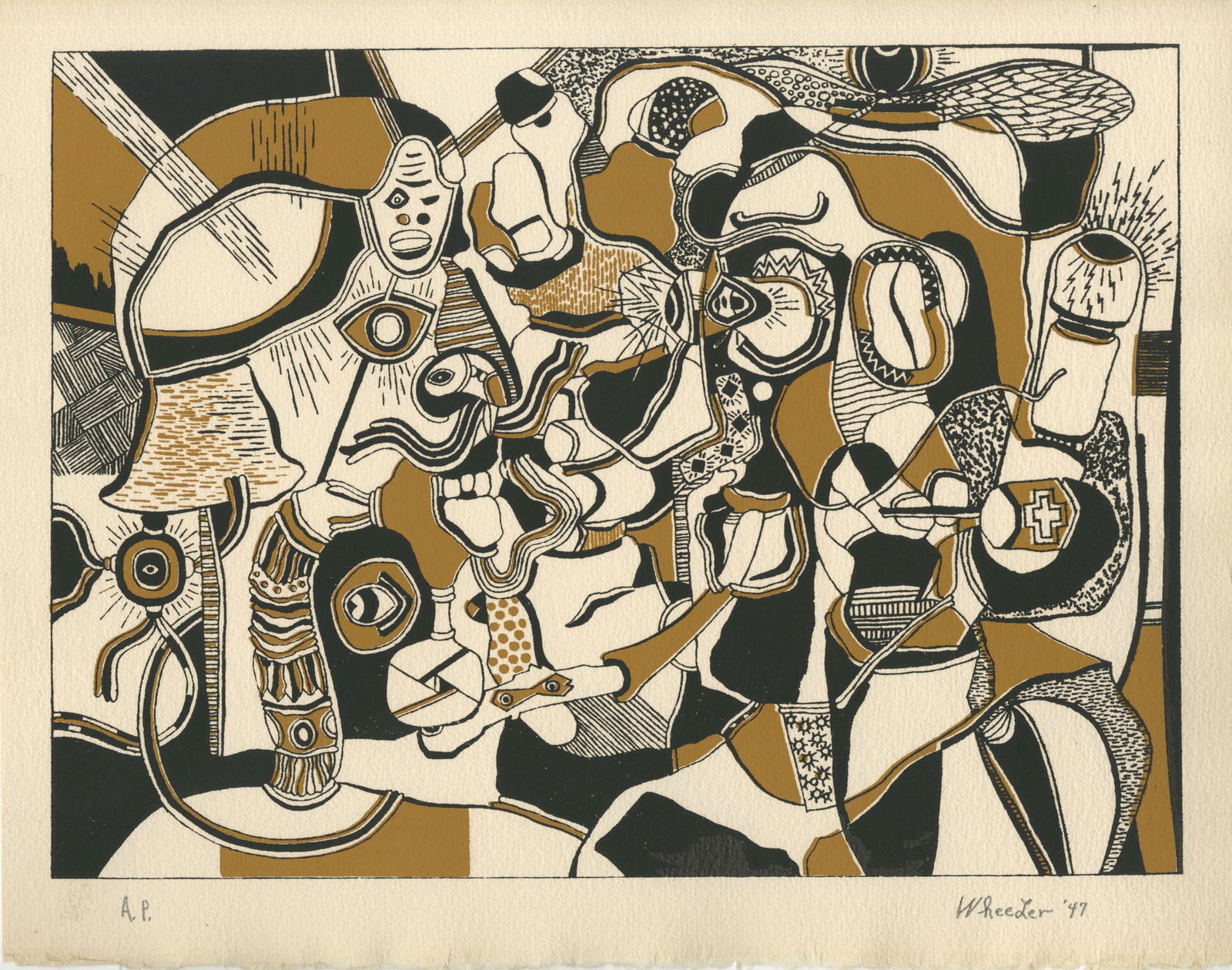 STEVE WHEELER - Sheik and Private Leon - Original color silkscreen: Artist: Steve Wheeler (American, 1912 - 1992). Title: "Sheik and Private Leon". Medium: Original color silkscreen. Date: Composed 1947. Dimensions: Overall size: 9 7/8 x 12 7/8 in. (251 x 327