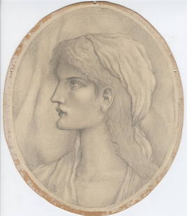 SIMEON SOLOMON [imputée] - Study of a Jewish Woman in Profile - Pencil drawing on paper mounted: Artist: Simeon Solomon [imputée] (English, 1840-1905). Title: "Study of a Jewish Woman in Profile". Medium: Pencil drawing on paper mounted to card. Date: Composed c1874. Dimensions: Ove
