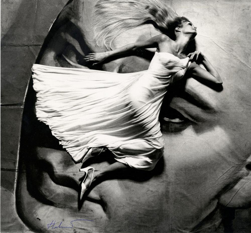 HELMUT NEWTON - Photolithograph: Helmut Newton (German/Australian, 1920-2004). "Fashion Study for Queen Magazine [Paris]". Photolithograph. 1966. Printed 1995. Signed "Helmut" in pen, lower left. Fine, quality printing. Very good con