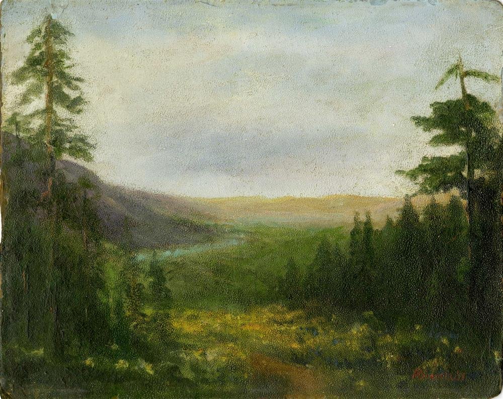 ALBERT BIERSTADT - Oil on artist board: Albert Bierstadt (German-American, 1830 - 1902). "Mountain Valley". Oil on artist board. c1871-1875. Signed lower right. Undoubtedly a study for a larger painting. Image size: 9 1/2 x 11 13/16 in. (24
