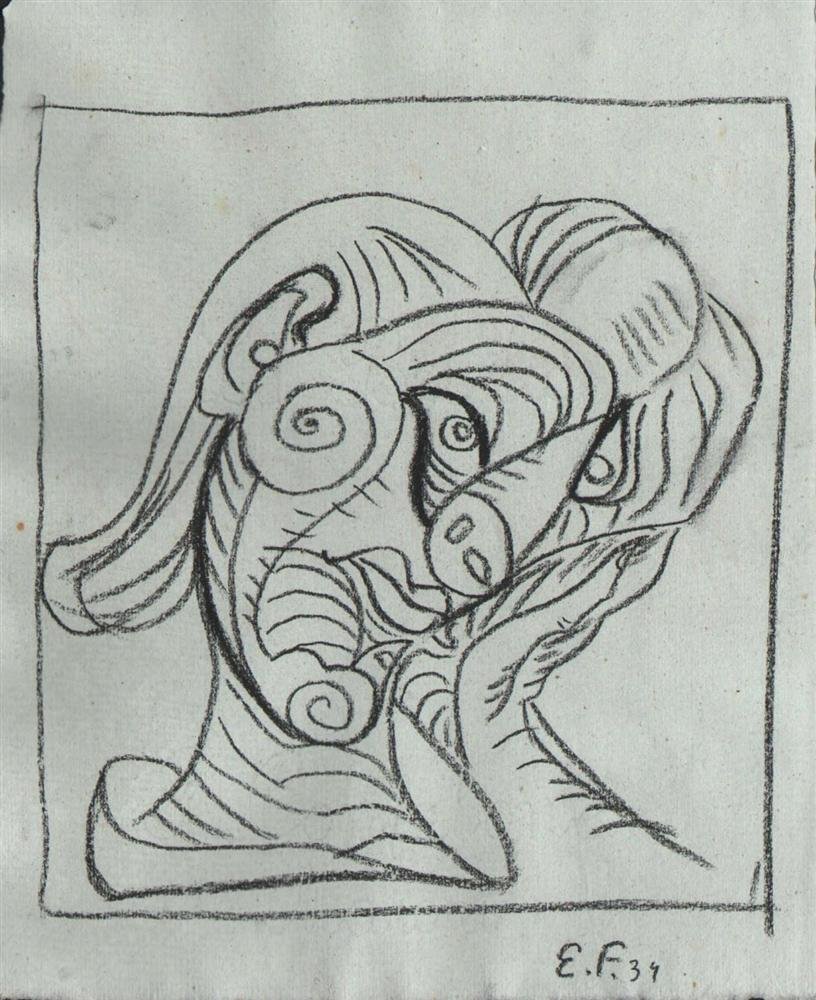 EMIL FILLA - Pencil drawing: Emil Filla (Czech, 1882-1953). "Zeny hlavu doprava (Woman's Head to the Right)". Pencil drawing. 1934. Signed with the intials and dated, lower right. White wove paper. Very good condition with a few 