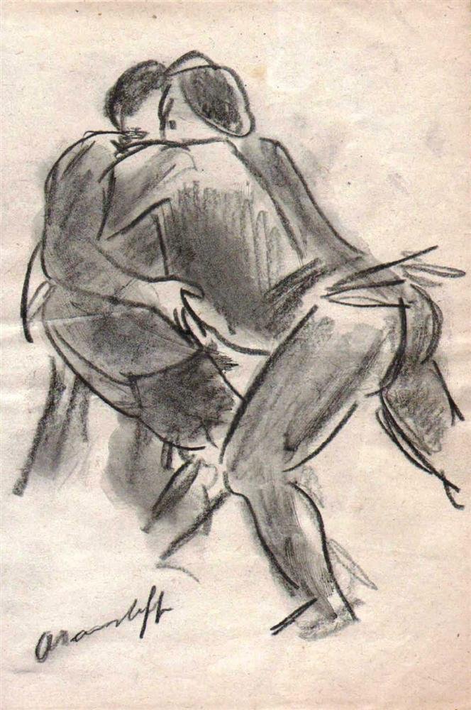 ALEXANDRE IACOVLEFF - Pencil drawing: Alexandre Iacovleff (Russian, 1887-1938). "Lutteurs de Sumo". Pencil drawing. c1919. Signed lower left. Light cream wove paper. Good condition; some paper discoloration and a few fox marks. Alexandre 